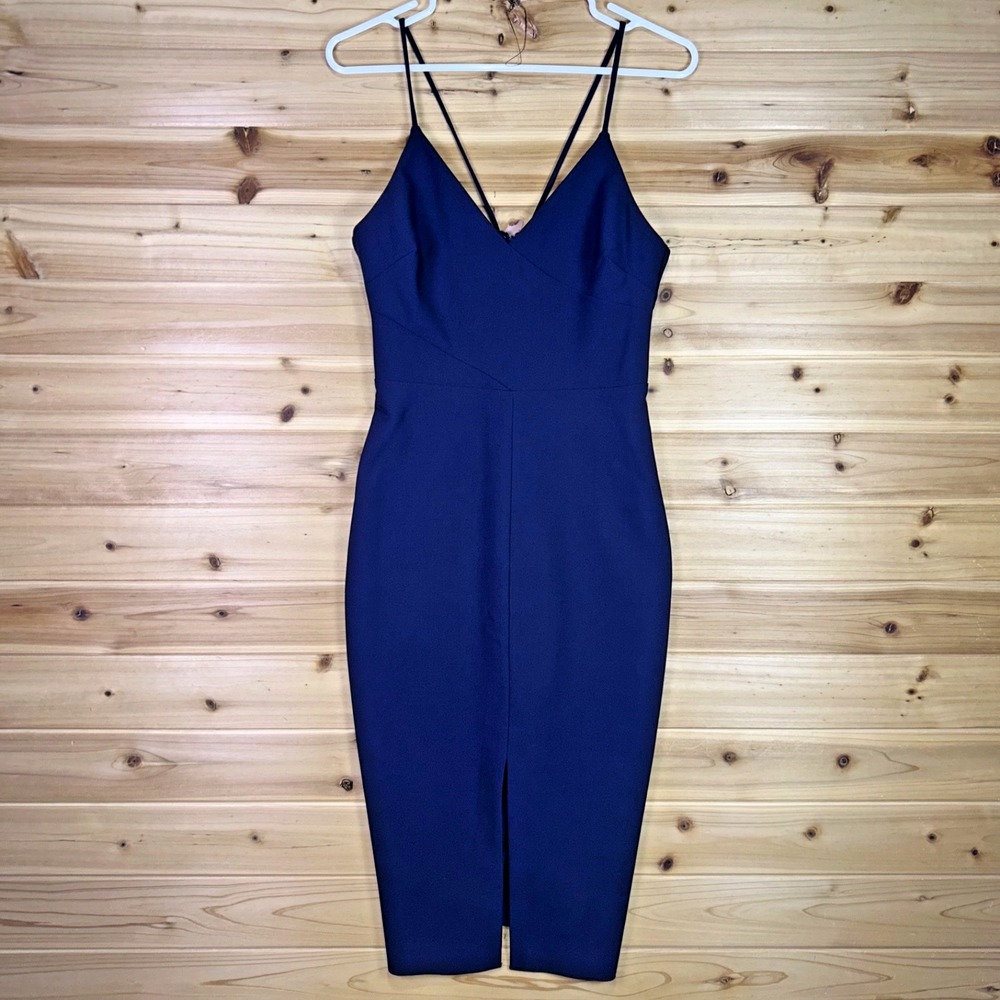 Likely Dress Womens 4 Navy Blue Brooklyn V Neck Front Slit Midi Spaghetti Strap